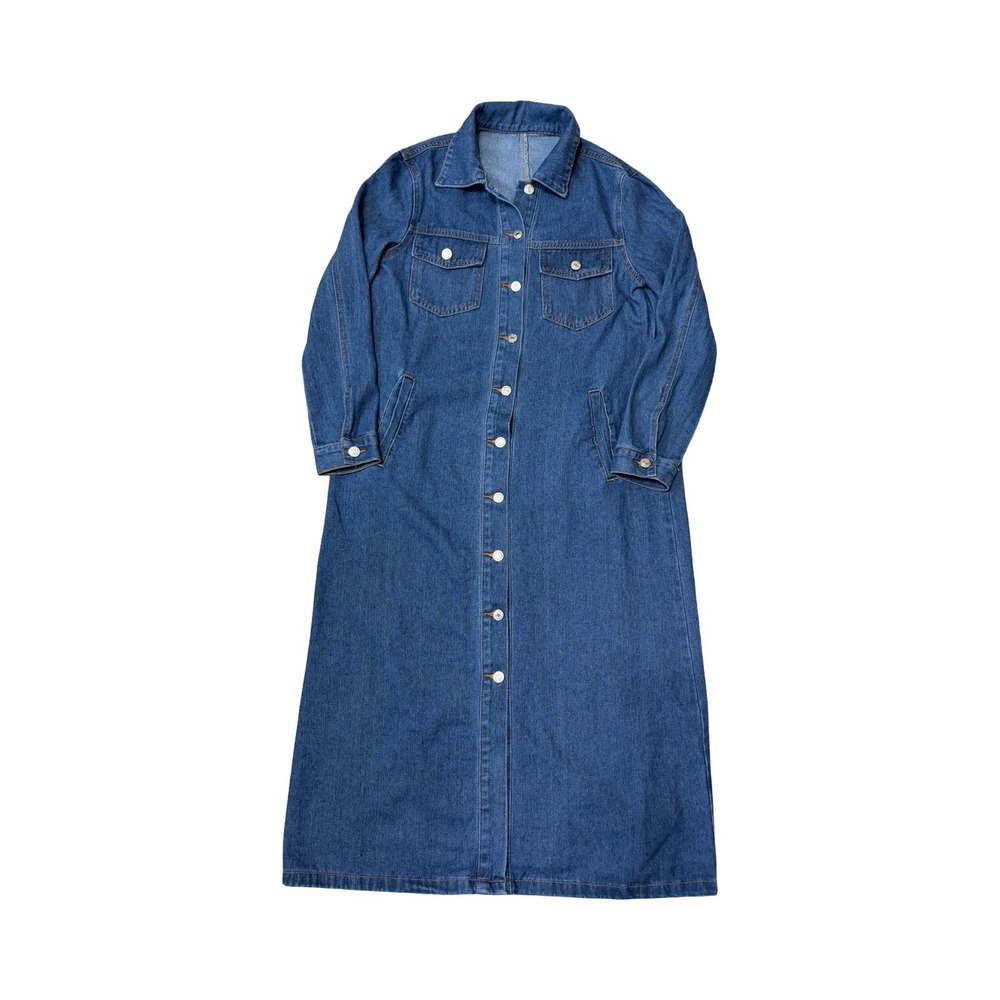 Unbranded Denim Maxi Dress Women S Blue Long Sleeve Button Front Cotton Workwear